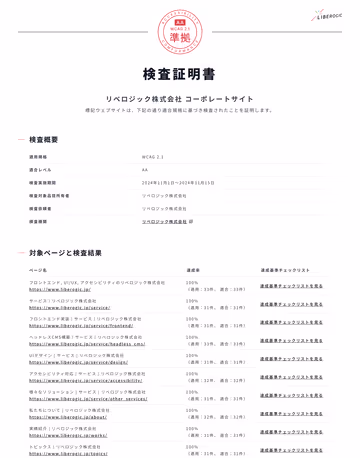 ウェブアクセシビリティ検査証明書の画面キャプチャ